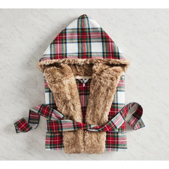 POTTERY BARN Stewart Plaid Flannel Faux Fur Robe in Multi Size Small/Medium - Picture 1 of 8